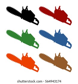 Set of different color chainsaws on a white background.