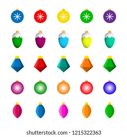 Set of different color Christmas balls. Round, diamond, cone shape. Vector.