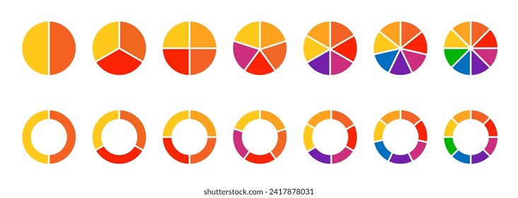 Set of different color circles isolated. Pie charts diagrams. Set of circles. Infographic element round shape. Vector illustration.