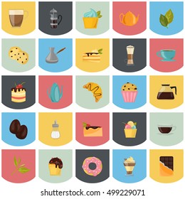 Set of different color coffee, tea and sweets icons. Flat design. Modern concept for web and mobile