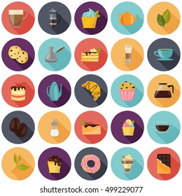 Set of different color coffee, tea and sweets icons. Flat design. Modern concept for web and mobile