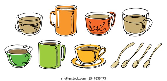 Set of different color cups with tea coffee and spoons hand-drawn sketch on white background