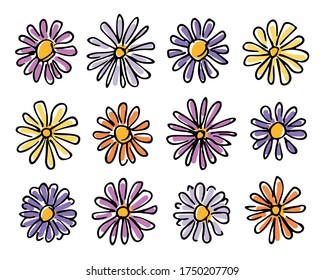 Set of different color cute chamomile flowers isolated on white background, simple childish colored hand-drawn sketch