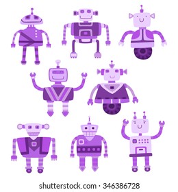 Set of different color cute robots. Vector illustration.