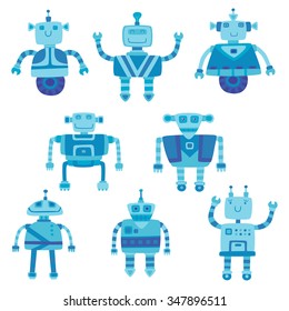 Set of different color cute robots. Vector illustration.