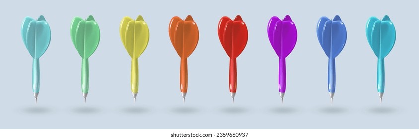 Set of different color darts isolated on a gray background. Realistic plastic darts. Vector illustration