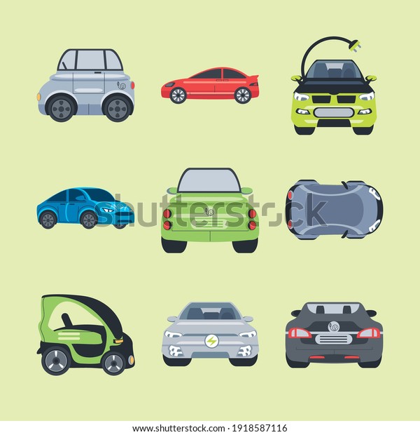 set of different color electric cars, new\
energy vehicles vector\
illustration