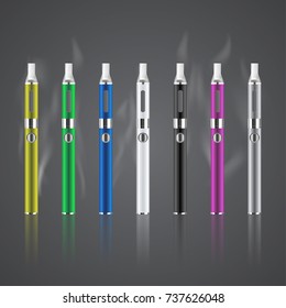 A set of different color of electronic cigarettes and vaper, electronic devices for smoking, a vector set of e-cigarettes. Steam and smoke.