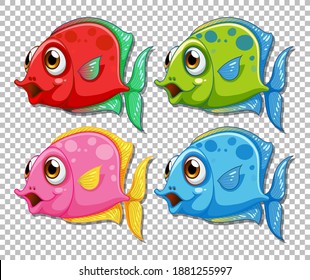 Set of different color exotic fish cartoon character on transparent background illustration