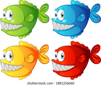 Set of different color exotic fish cartoon character on white background illustration