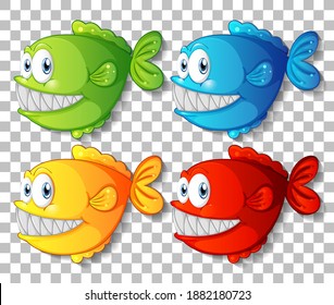 Set of different color exotic fish cartoon character on transparent background illustration