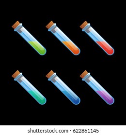 Set of different color flask, test-tube, bottles game icons. Cartoon vector illustration to create mobile or web games, graphic design. Asset for app user interface isolated on black background.