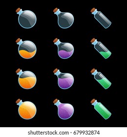 Set of different color flask, test-tube, bottles game icons. Cartoon vector illustration for creating mobile or web games, graphic design. Asset for app user interface isolated on black background.