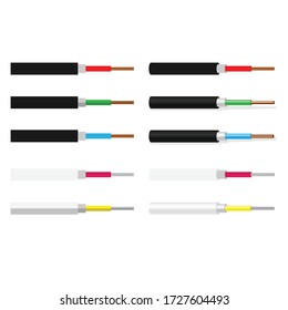 Set of different color and form copper and aluminium wires isolated on white background