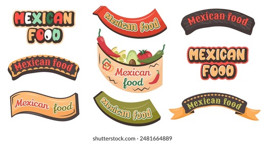 Set of different color frames with lettering. Mexican food text on frame. Cartoon border with fresh vegetables, colorful letters. Chili, avocado, tomato, lime. Vector illustration