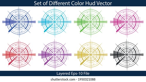 Set of different color hud vector isolated on white background. Dark and light blue, green, red, pink, purple, yellow, and black huds. Well-layered eps10 file. Technology illustration.