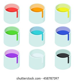 Set of different color isometric paint can, isolated on white background.