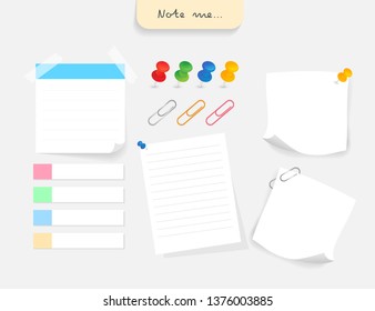 Set of different color note papers. pin, tape and clips elements. Design in EPS10 vector illustration.