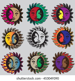 set of different color options for the moon and the sun in the same circuit made in a drawing style