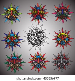 set of different color options for the sun in the same circuit made in a drawing style
