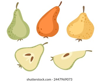 Conjunto de peras de diferentes colores dulce sabrosa fruta entera y Ilustración vectorial partida por la mitad aislado sobre fondo blanco