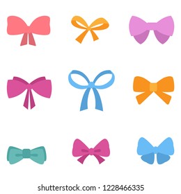 Set of different color ribbon bows flat design vector for greeting decorate holiday merry Christmas, Happy New Year, Happy Birthday, Valentines day and Wedding ceremony.