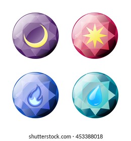Set of different color round shapes crystals, gemstones, gems, diamonds, brooches. Vector gui assets collection for game design isolated on white background.
