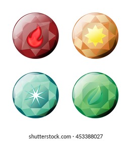 Set of different color round shapes crystals, gemstones, gems, diamonds, brooches. Vector gui assets collection for game design isolated on white background.