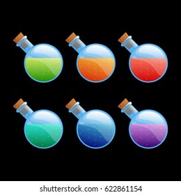 Set of different color rounded bottles game icons. Cartoon vector illustration to create mobile or web games, graphic design. Asset for app user interface isolated on black background.