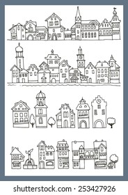 Set of different color and shape old houses. Facades of houses in the traditional Dutch style. Illustration of the black and white, Sketch, hand drawn with ink. 