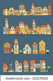 Set of different color and shape old houses. Facades of variegated buildings in the traditional Dutch style. Sketch, hand drawn