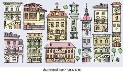 Set of different color and shape old houses. Facades of variegated buildings.Set of vintage facades.Sketch, hand drawn,cartoon style