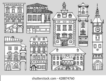 Set of different color and shape old houses. Facades of variegated buildings.Set of vintage facades.Sketch, hand drawn,cartoon style.Black and white line illustration, isolated on a white background