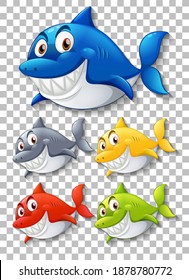 Set of different color shark smiling cartoon character on transparent background illustration