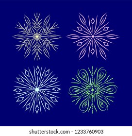 set of different color snowflakes on blue background.Style Design for Labels, Badges and Icons, Flyer.Decorative element of pattern, print.