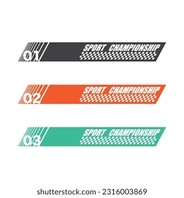 Set of different color sport flags silhouettes for start and finish lines. Text and logo race track design elements. Checkered flag and arrow elements for design posters and games