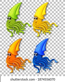 Set of different color squid cartoon character on transparent background illustration