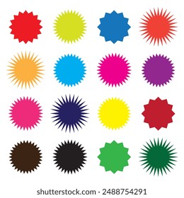 Set of different color starburst, sunburst badges. graphic design elements. Vector for sale sticker, price tag, quality mark, text mark. Vector illustration on white background.