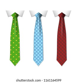 Set different color ties isolated on white background. Colored tie for men. Vector plain illustration