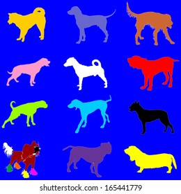 Set of different color vector silhouette of dogs, isolated on blue background. Illustration of colorful dog collection. 