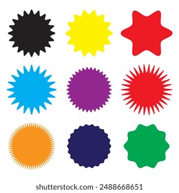 Set of different color vector starburst icon. sunburst badges. Different rays. Simple flat style Vintage labels. Design elements. Colored stickers. A collection of different types and colors icon. eps