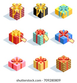 Set of different colored 3D giftboxes with ribbons isolated. Flat vector illustration. Collection of gift box package surprise with ribbon