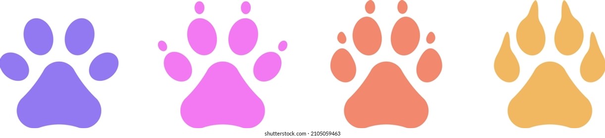 Set of different colored animal paw prints. Vector isolated illustration