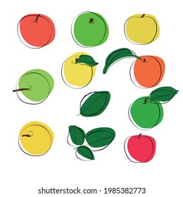 Set of different colored apples with leaves, vector graphics.
