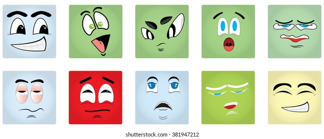 Set of different colored backgrounds with different facial expressions