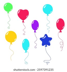 Set of different colored balloons on a white background. Cartoon vector illustration for party decoration, stickers, children's entertainment.