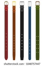 Set of different colored belts with buckles isolated on white background. Element of clothing design. Belt trouser in flat style. Vector illustration svg