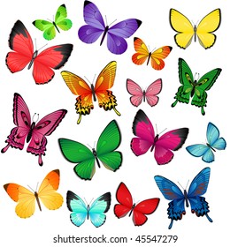Set of different colored butterflies