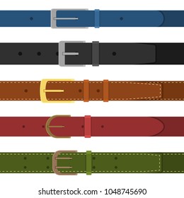 Set of different colored buttoned to buckle belts isolated on white background. Element of clothing design. Belt trouser in flat style. Vector illustration
