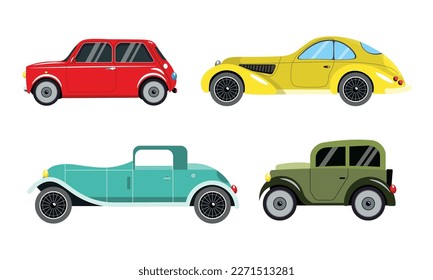 Set of different colored cars in cartoon style. Vector illustration of beautiful and stylish old retro cars isolated on white background.